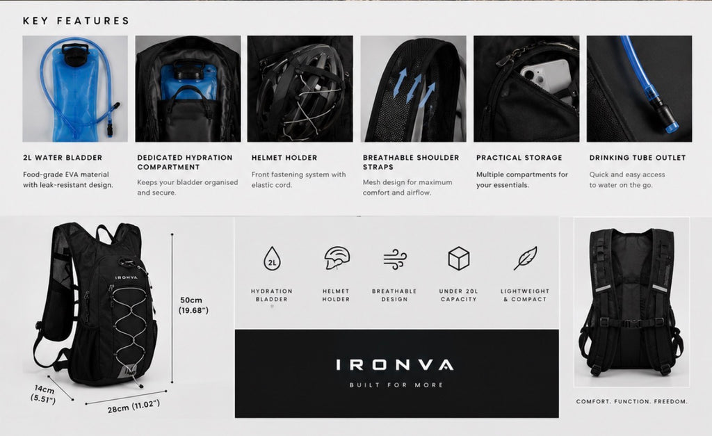 Hydration backpack key features and dimensions