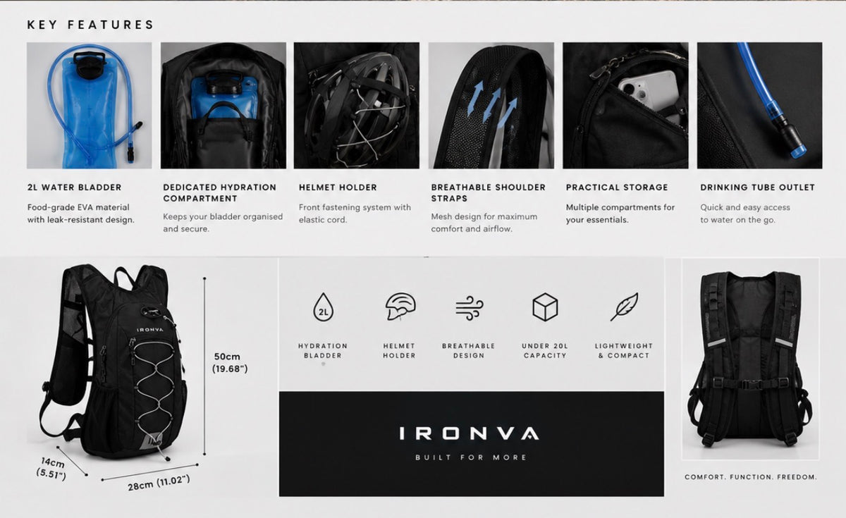 Hydration backpack key features and dimensions
