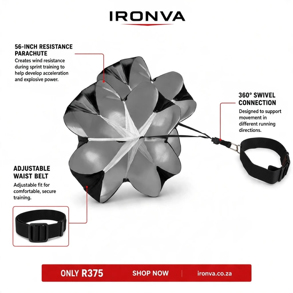 IRONVA 56-inch speed parachute features: resistance parachute, 360 degree swivel and adjustable waist belt