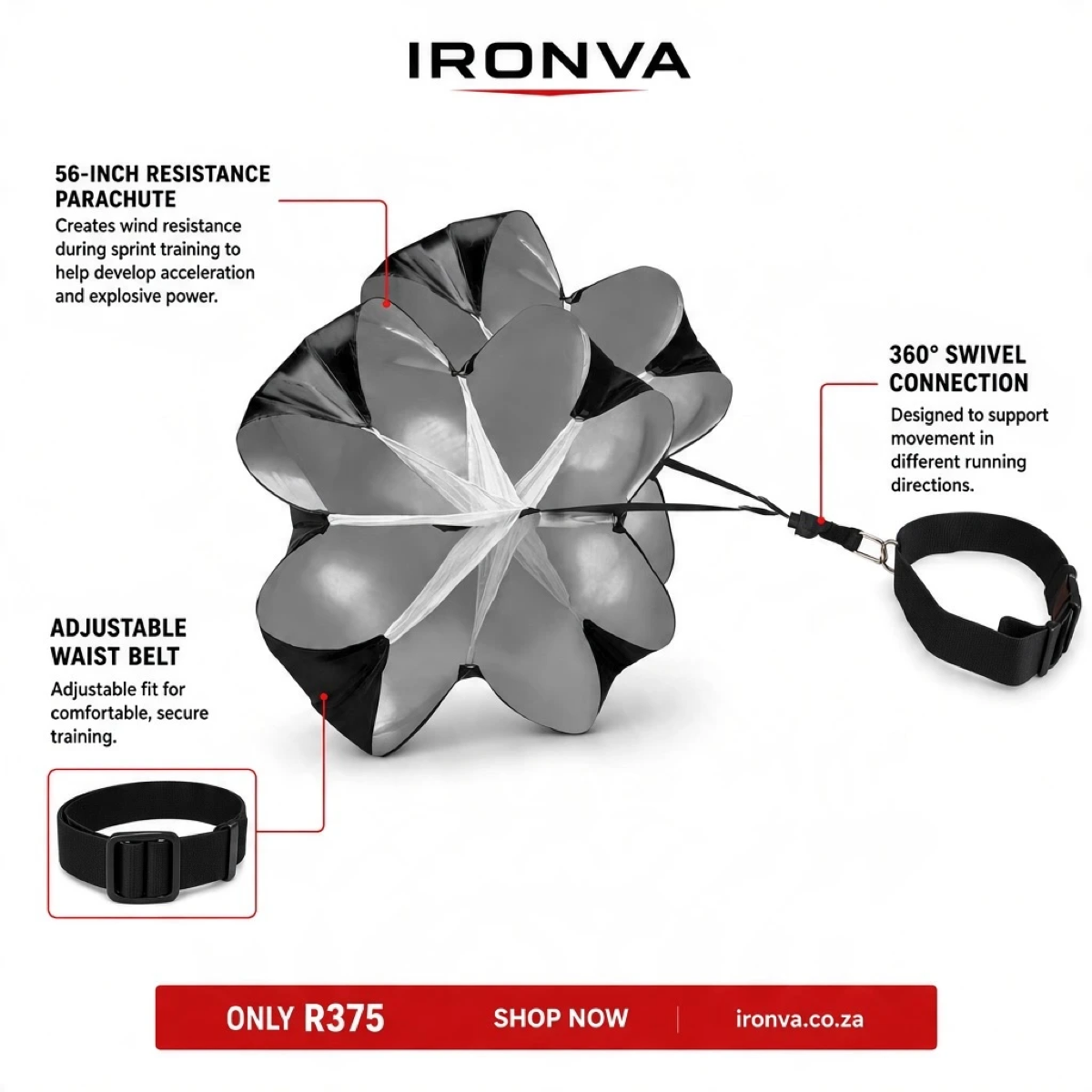 IRONVA 56-inch speed parachute features: resistance parachute, 360 degree swivel and adjustable waist belt